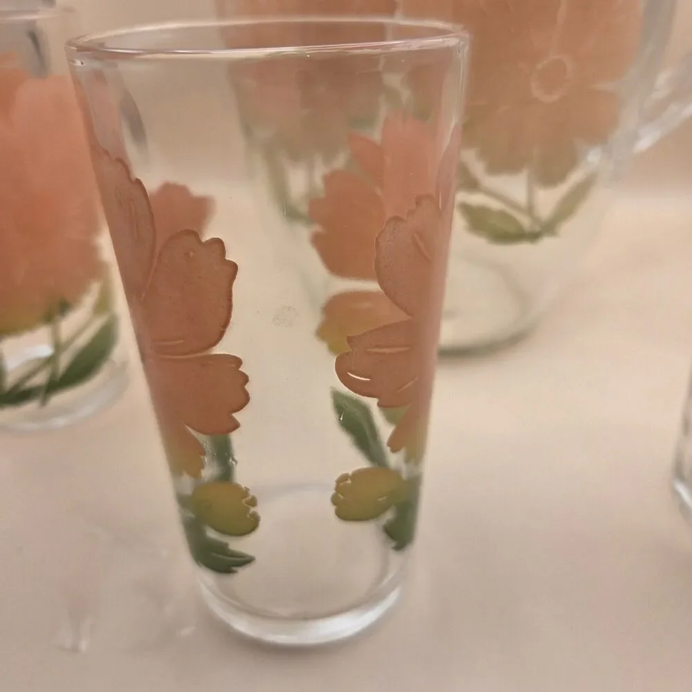 Clear Glass 1 Qt Pitcher & 3 Tumblers 4pc Set Orange Green Floral MCM Decor